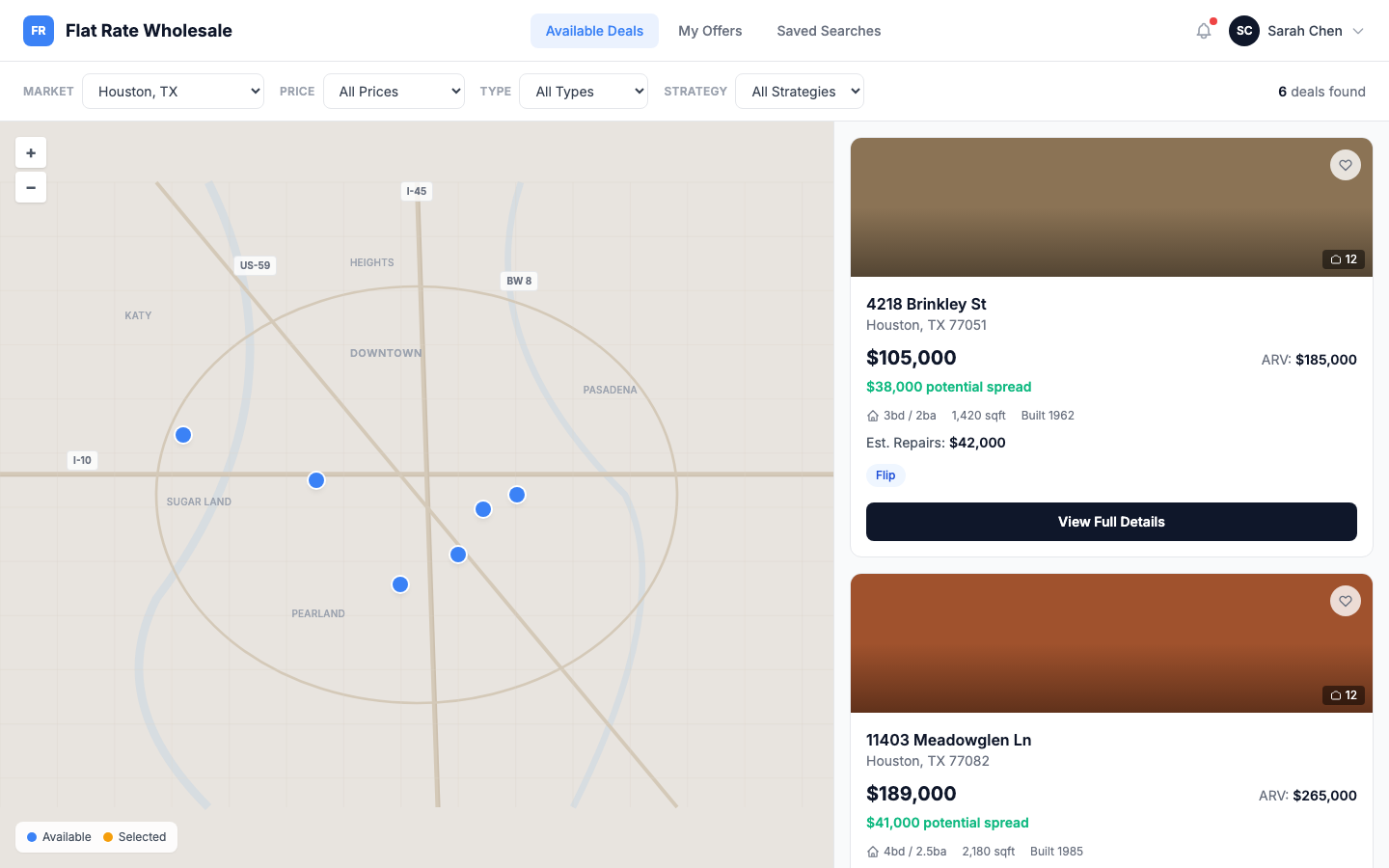 Buyer portal with map, property cards, and investment metrics